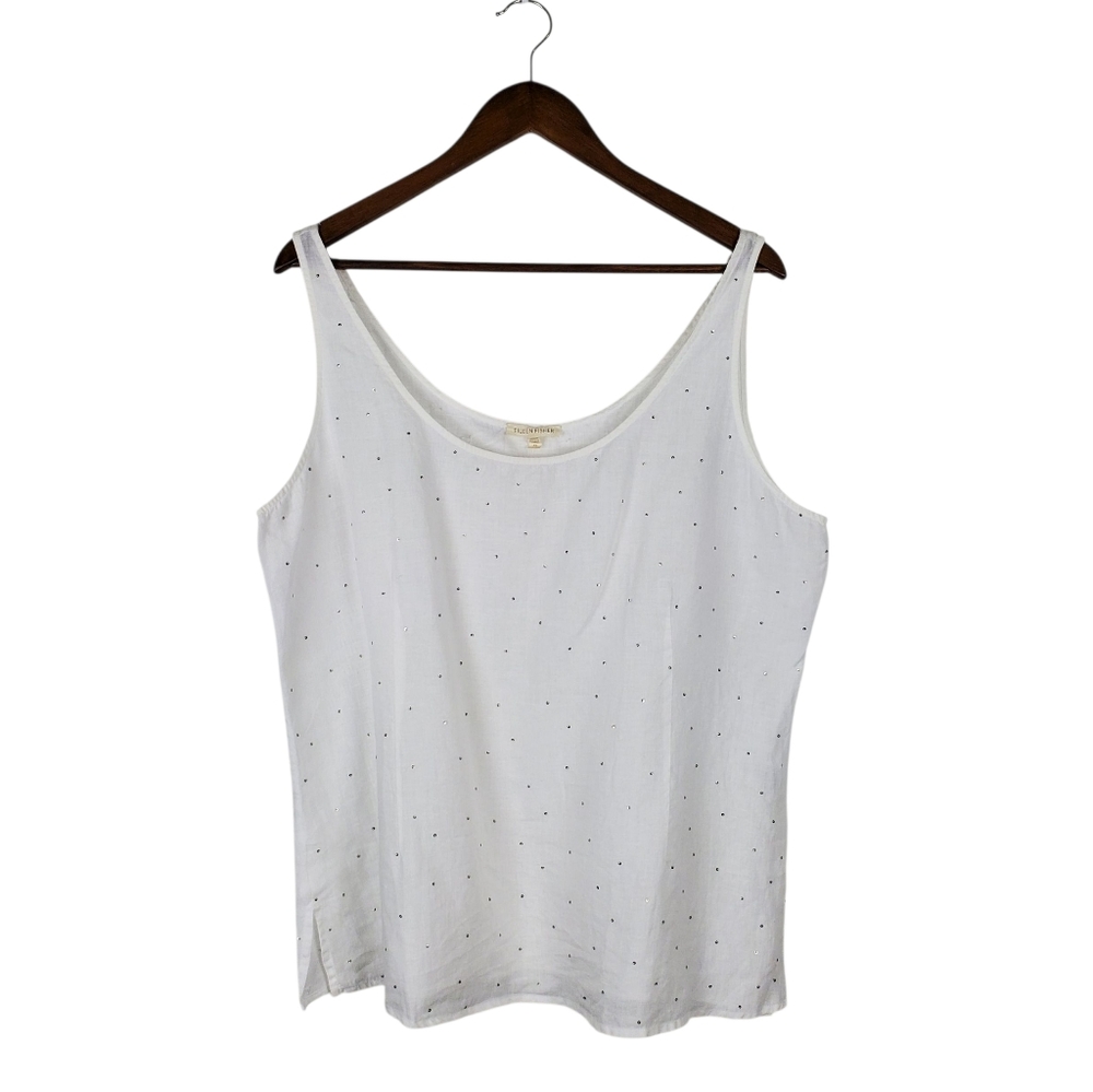 EILEEN FISHER White Irish Linen Tank Top XL Studded Minimalist Sleeveless